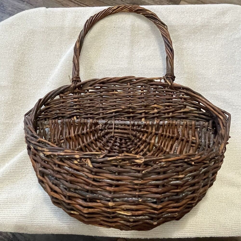 Vintage Primitive Willow Flat Back Wall Basket Large Wicker Farmhouse Pocket